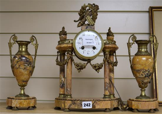 A 19th century French sienna marble and gilt metal three piece clock garniture, clock height 39cm